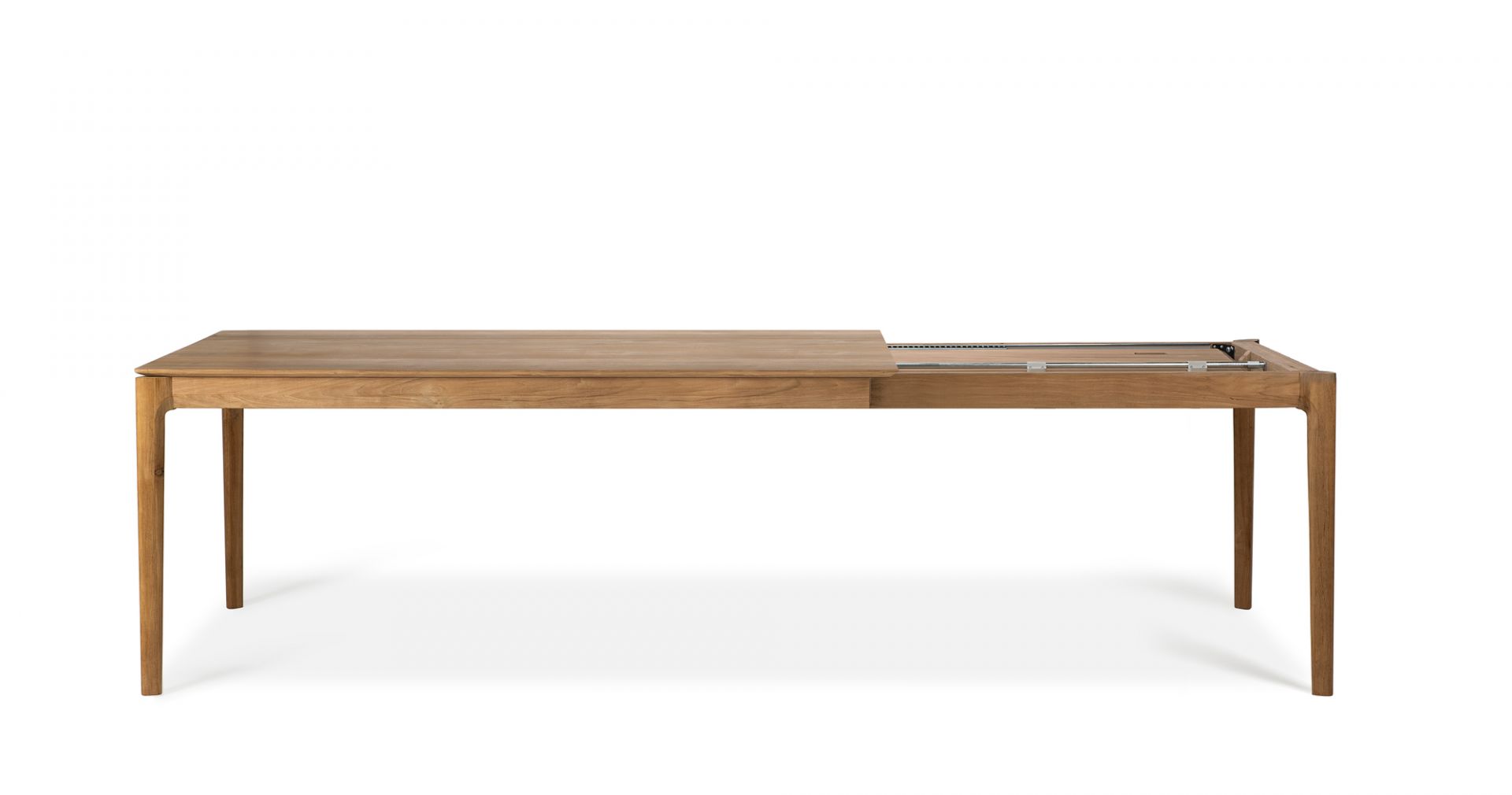 Teak Bok Ausziehtisch von Ethnicraft, Breite 180 cm, mit sichtbarem Ausziehmechanismus, ideal für Esszimmer.