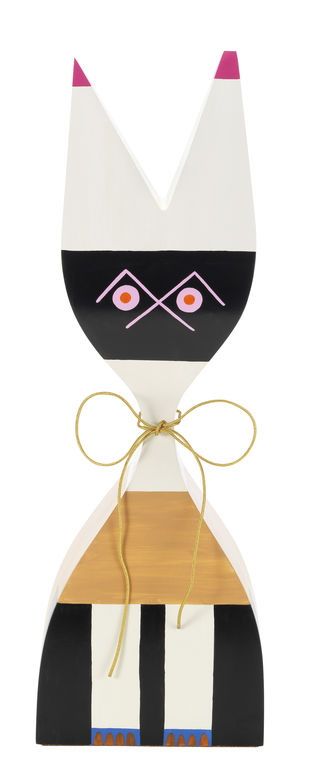 Wooden Dolls Large Holzfigur No.9: Handbemalte, abstrakte Holzpuppe mit Schleife, Sammlerstück, Dekoration.