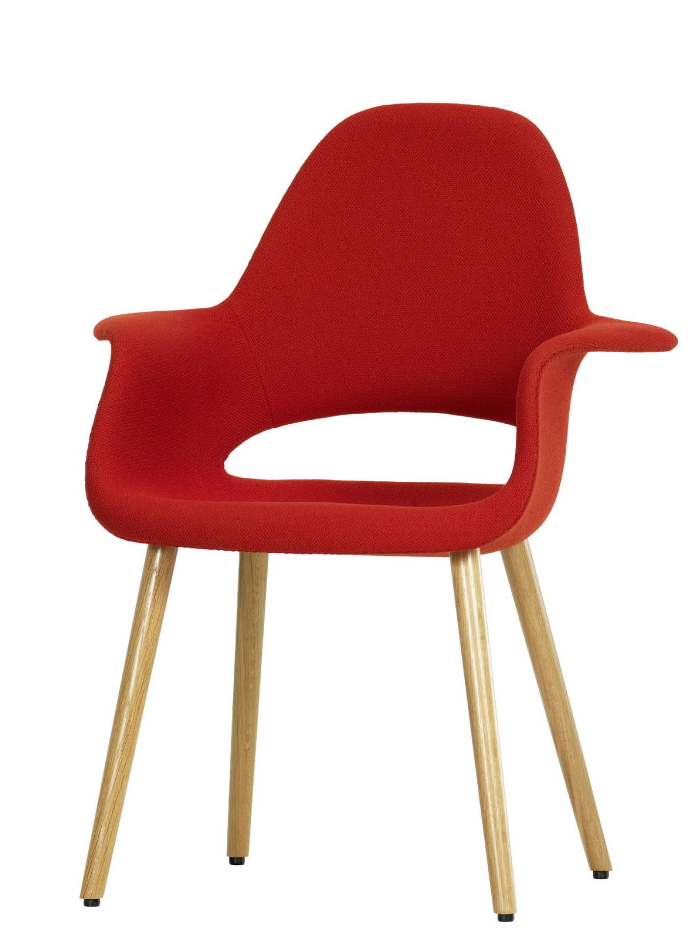 Roter Organic Conference Stuhl von Vitra mit Armlehnen und Holzbeinen, ideal für Konferenzen.