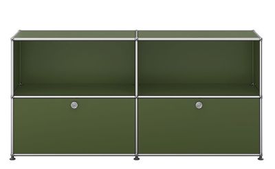 USM Haller Sideboard in Olivgrün mit zwei Klappen, modulare Aufbewahrungslösung für Wohnzimmer und Büro.
