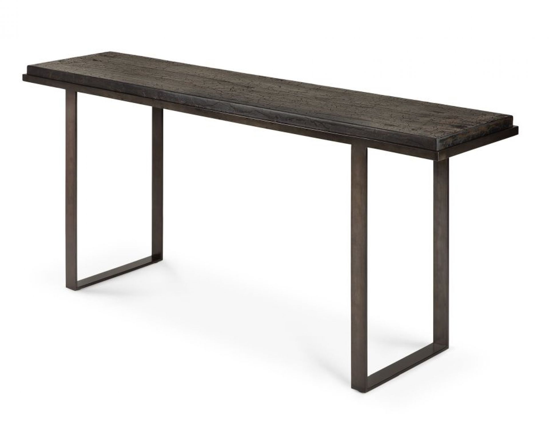 Ethnicraft Konsole Stability aus Umberbraun Holz und Metall, schlankes Design für Flur oder Wohnzimmer.