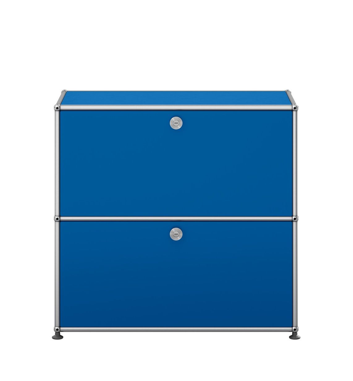 USM Haller Sideboard klein in Enzianblau mit zwei Fächern und silbernem Gestell.