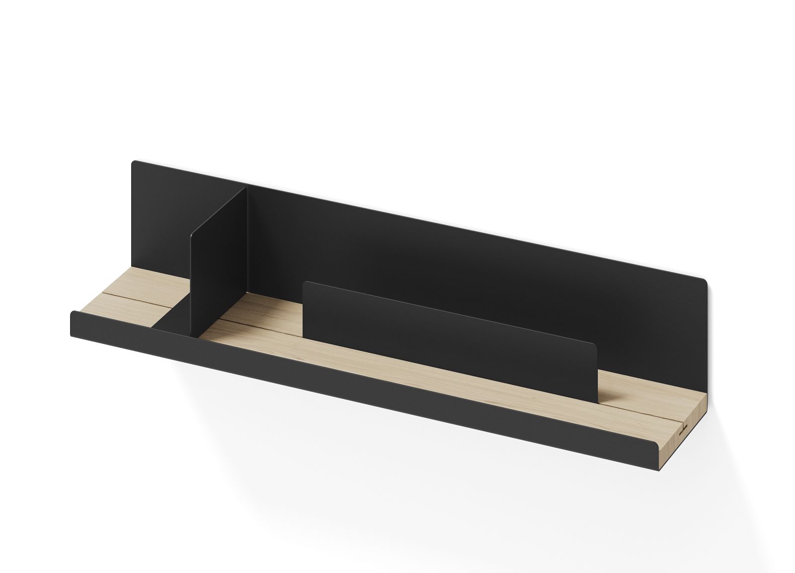 Schwarzes Edit Regal von Mizetto mit hellem Holzsockel, modernes Wandregal für Büro und Zuhause.