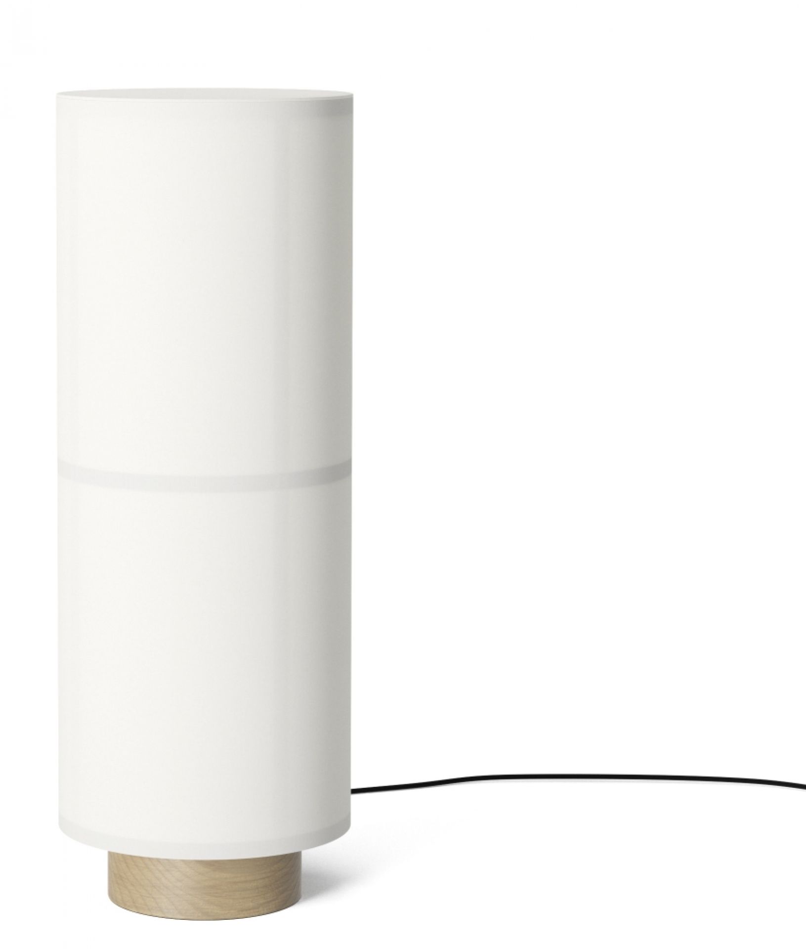 Audo Hashira Tischleuchte: Zylindrische Lampe mit weißem Schirm und hellem Holzfuß. Moderne Tischlampe.