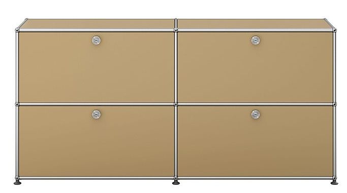 Beiges USM Haller Sideboard mit vier Klappen und verchromtem Gestell, modernes Designmöbel für Wohnzimmer und Büro.