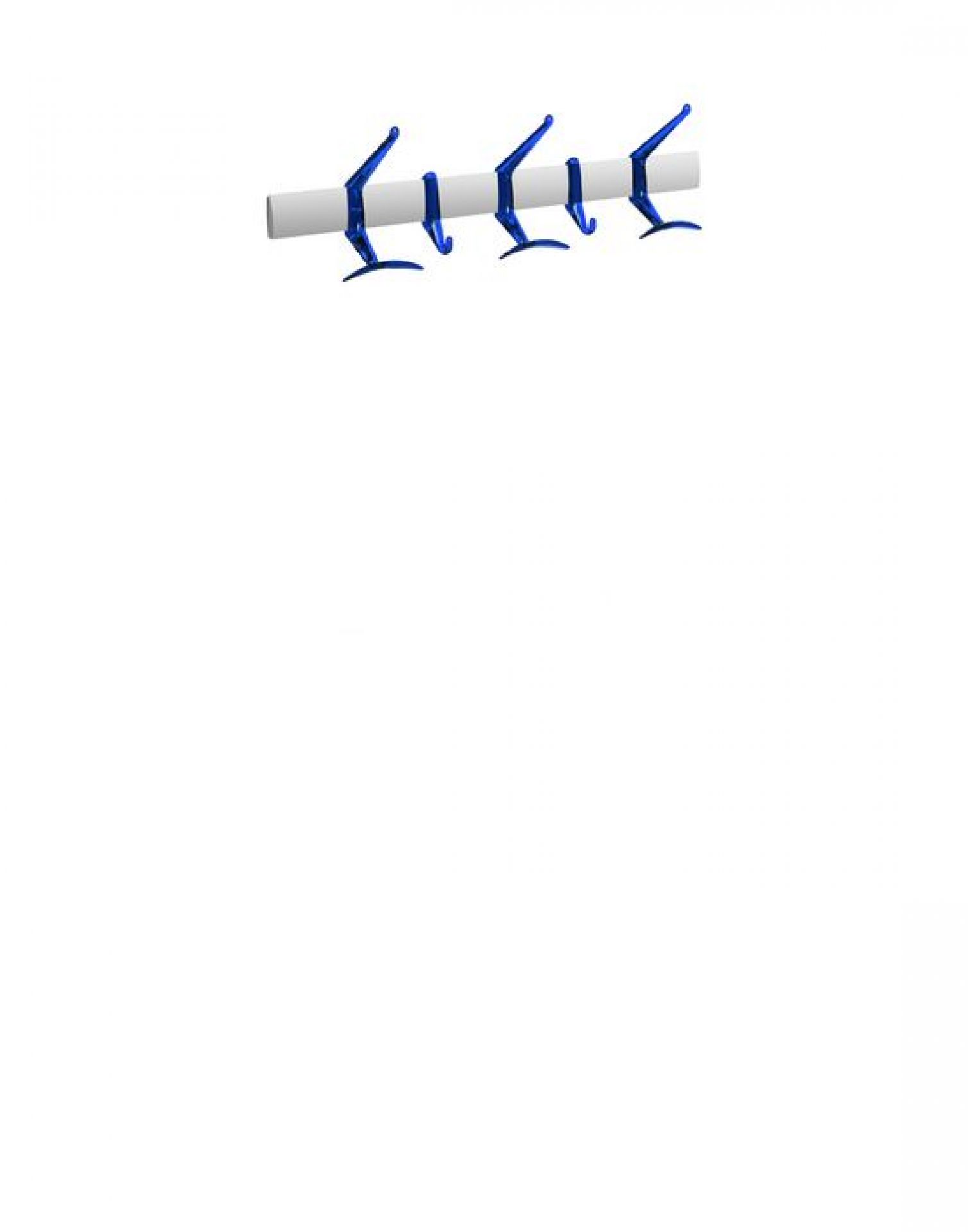 Helle Aufnahme: Blaue Hanger Wandgarderobe von Kartell mit fünf Haken an weißer Stange.