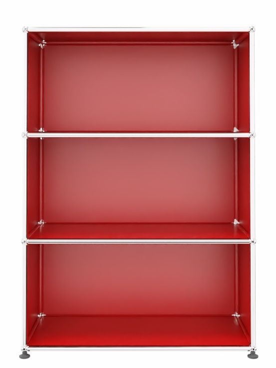 Rotes USM Haller Highboard mit drei offenen Fächern und verchromtem Gestell, modernes modulares Regalsystem.
