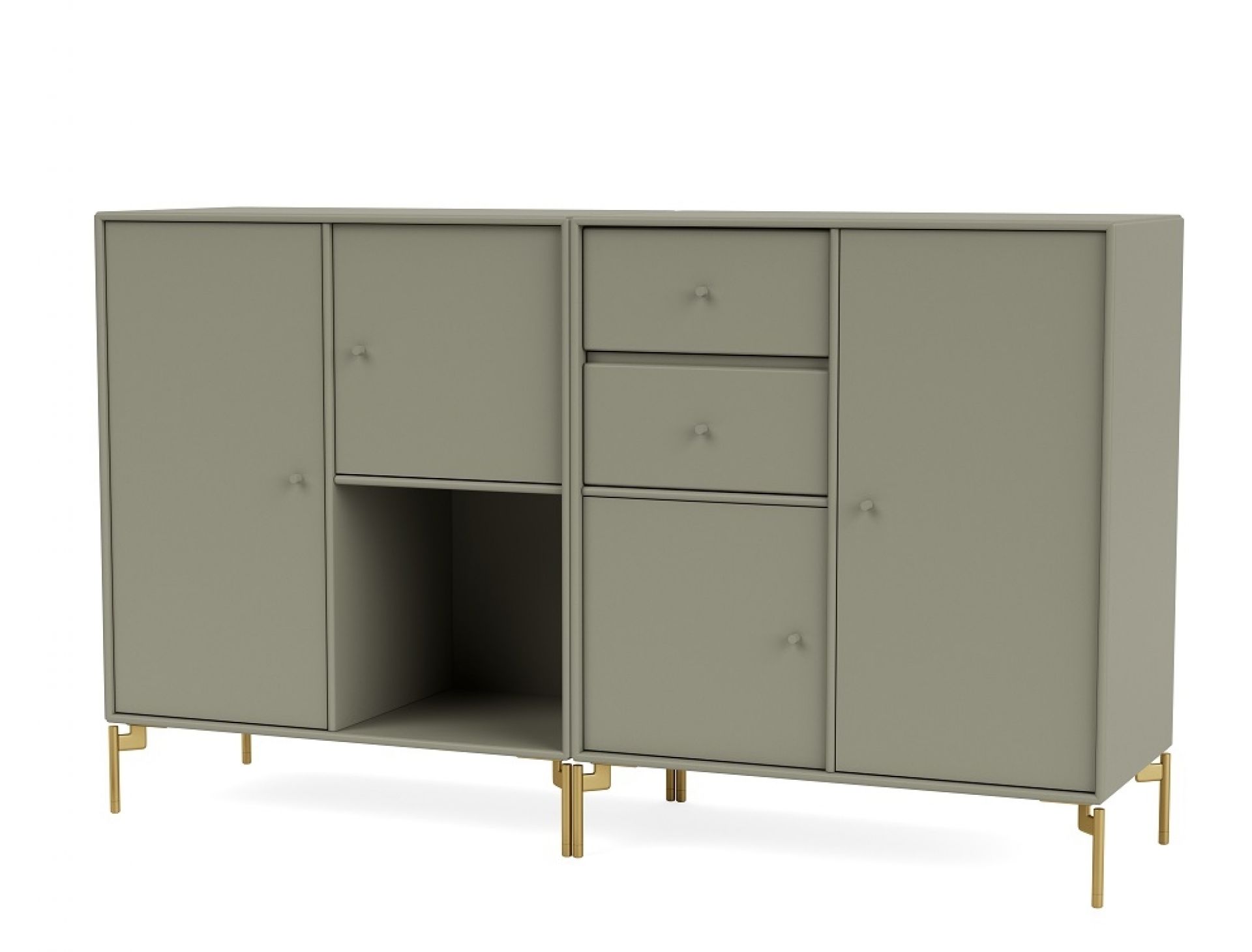 Couple Sideboard in Fennel mit Messingfüßen: Modernes Sideboard mit Schubladen, Türen und offenem Fach.
