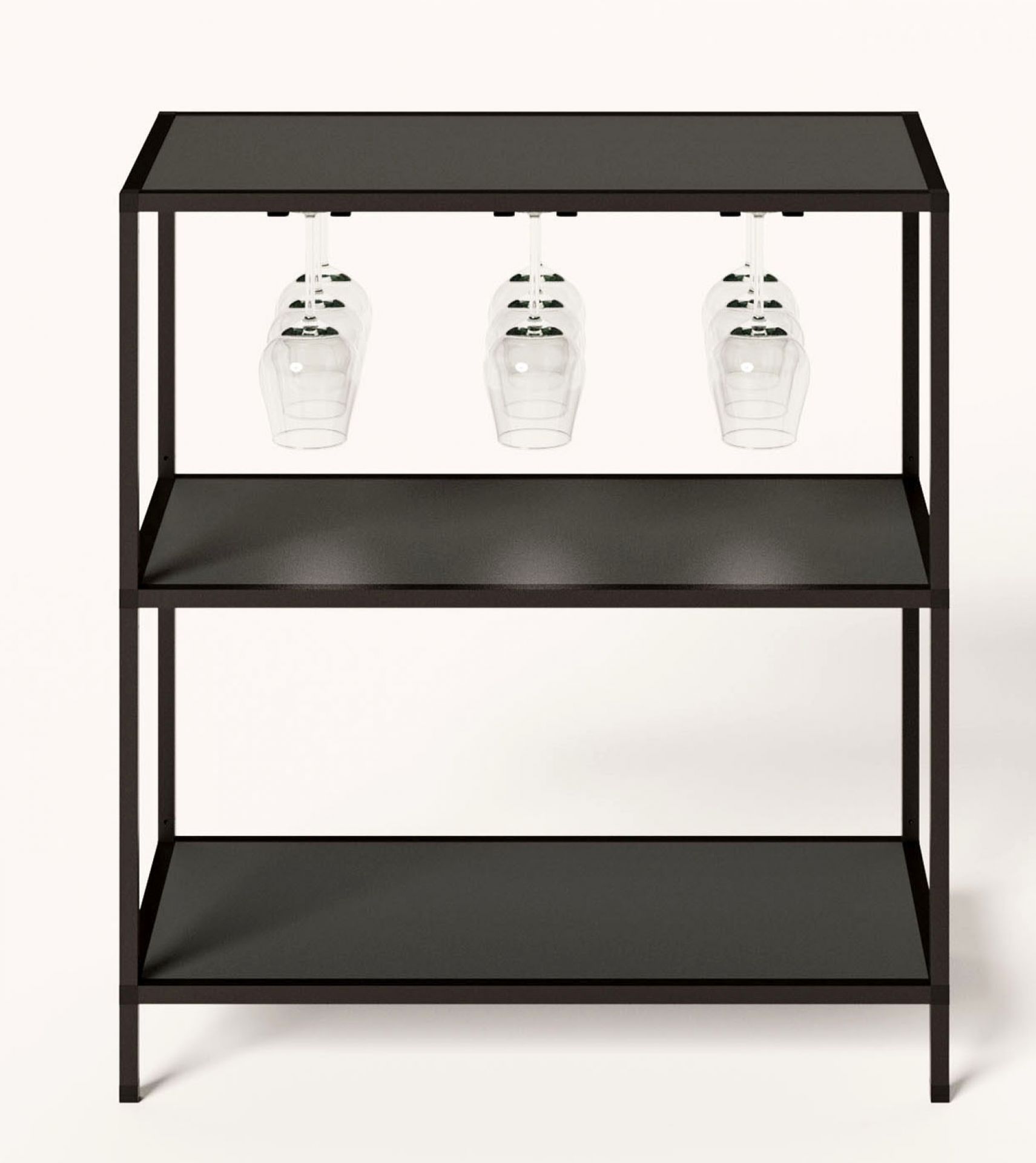 Schwarzes P4 Regal mit zwei Fächern und Gläserhalterung, modernes Design für Wohnzimmer und Büro.