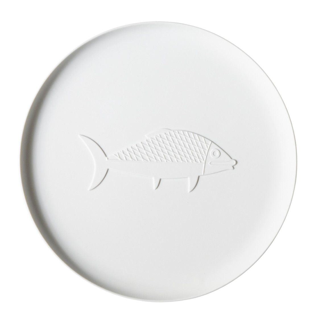 Weißes Chandigarh Tablett von Cassina mit geprägtem Fischmotiv, modernes Design für stilvolles Servieren.