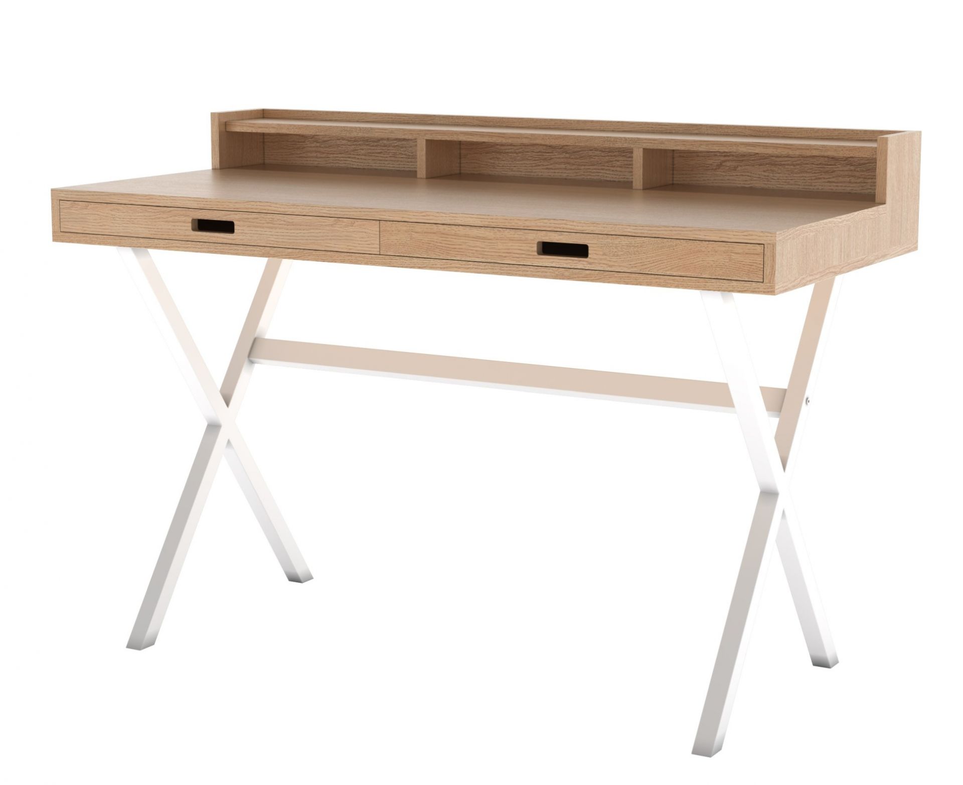 Hyppolite Sekretär: Schreibtisch aus Holz mit weißem Gestell und zwei Schubladen. Moderner Arbeitsplatz.