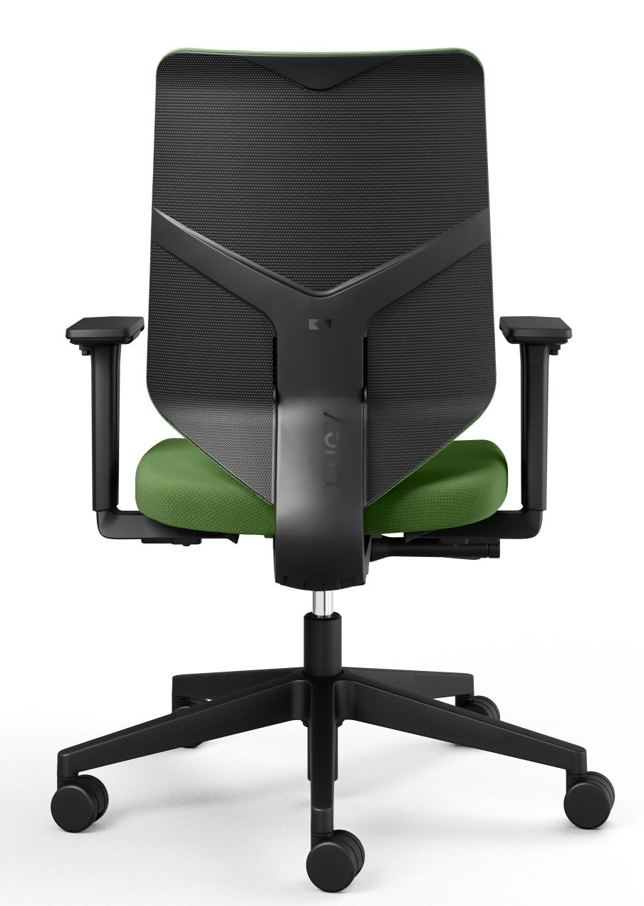 Rückansicht des HUG.Y Bürodrehstuhls von König und Neurath mit grünem Sitz und schwarzer Rückenlehne.