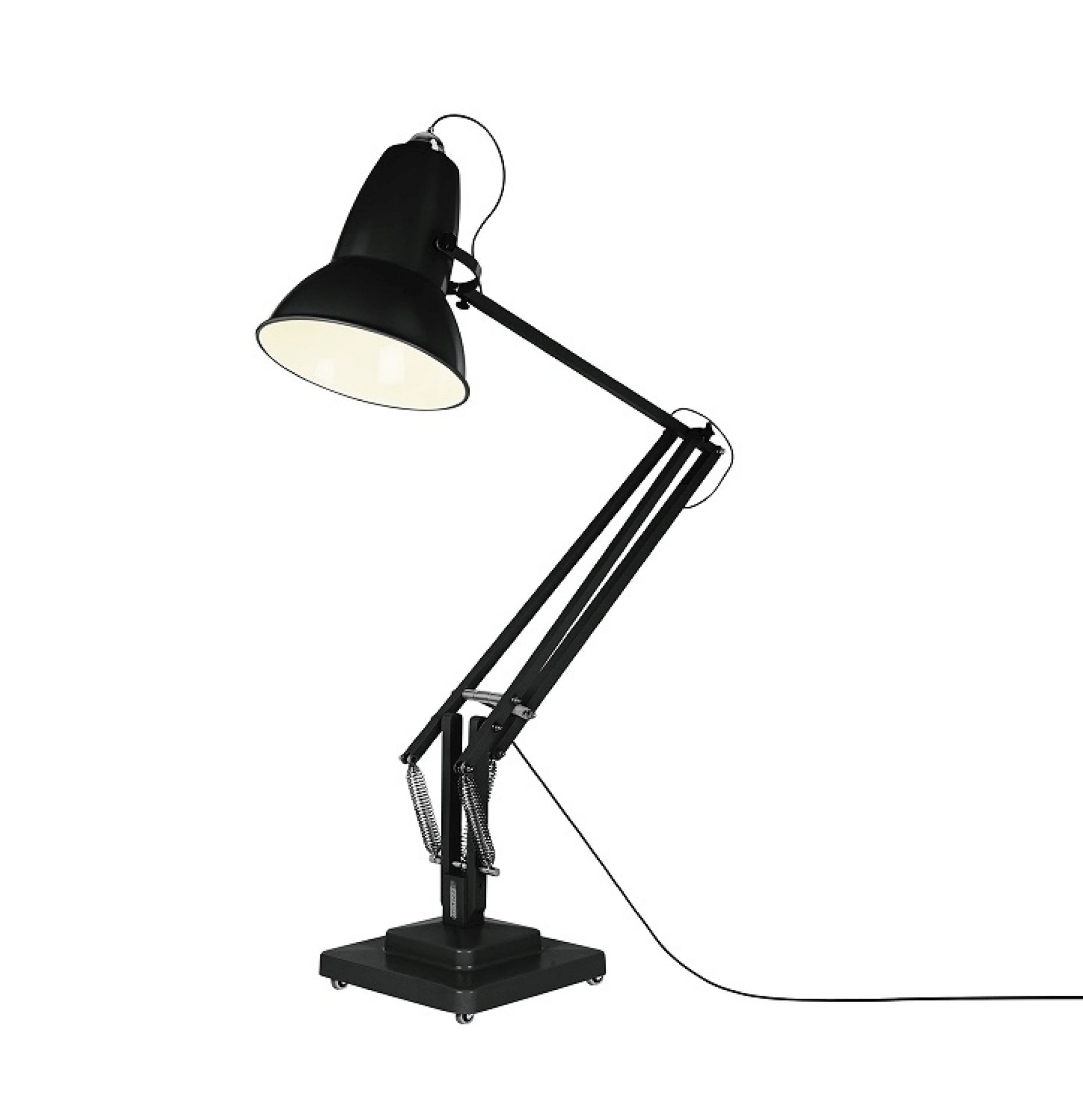 Schwarze Anglepoise Original 1227 Giant Stehleuchte mit verstellbarem Arm und Lampenschirm für Innenräume.