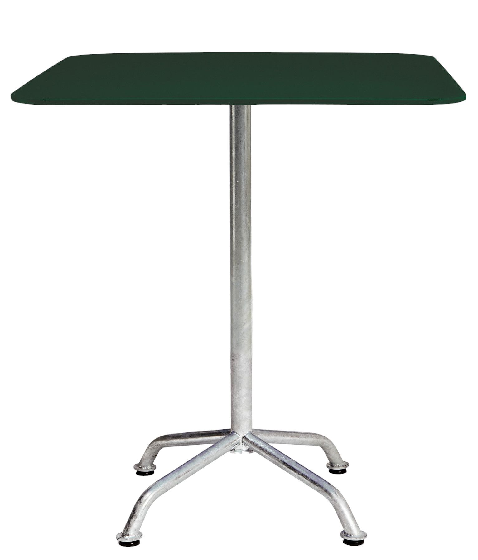 Haefeli Gartentisch von Embru, quadratisch, dunkelgrüne Tischplatte, silbernes Metallgestell für den Außenbereich.