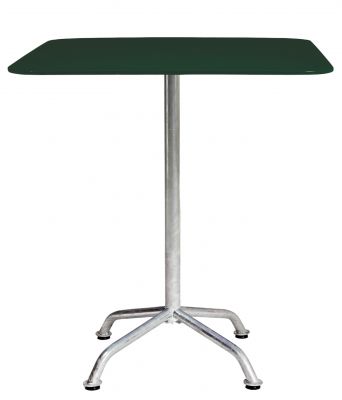 Haefeli Gartentisch von Embru, quadratisch, dunkelgrüne Tischplatte, silbernes Metallgestell für den Außenbereich.