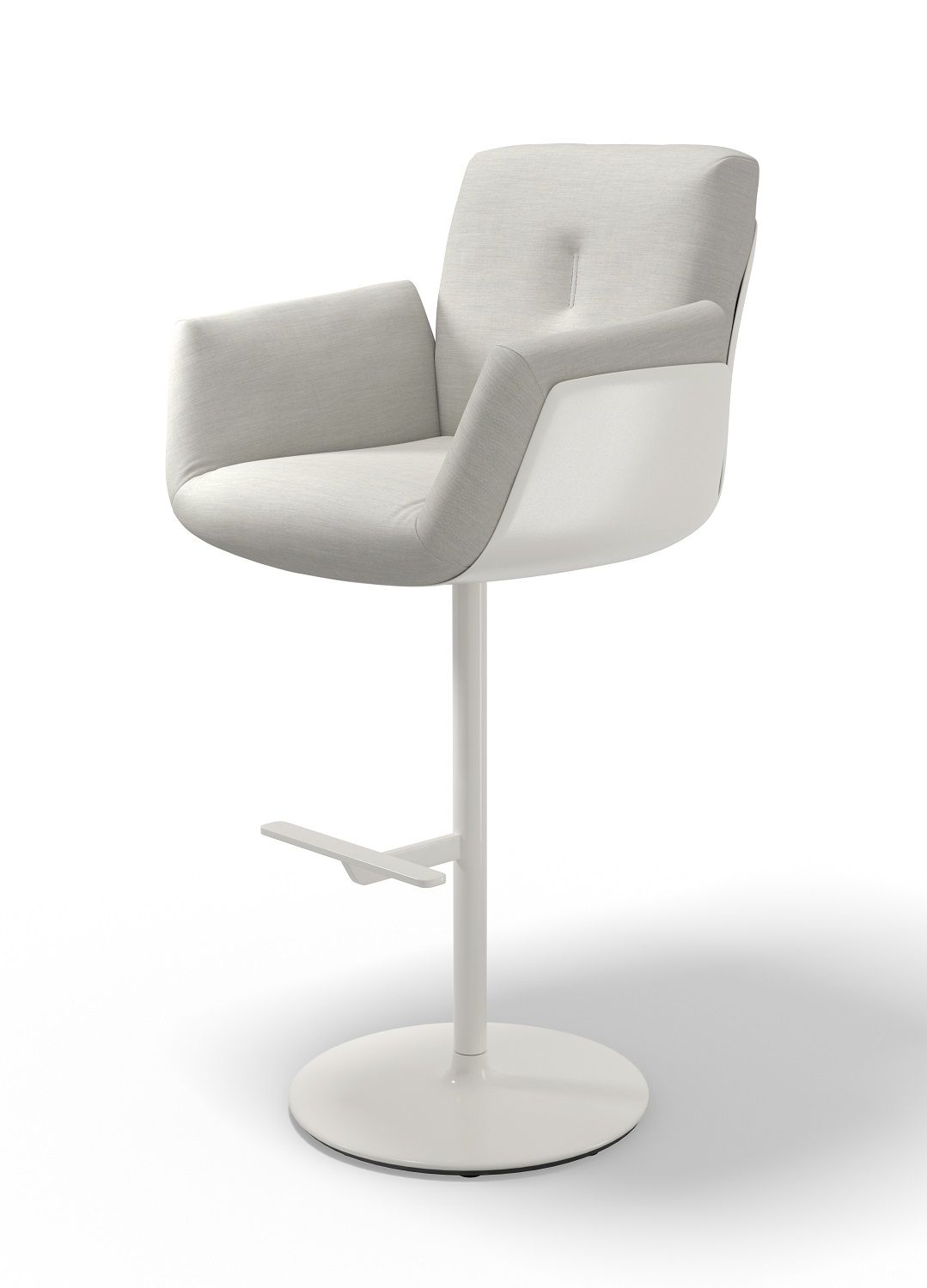 Alvo Barstuhl von Cor, drehbar, mit Armlehnen und Tellerfuß in Weiß.