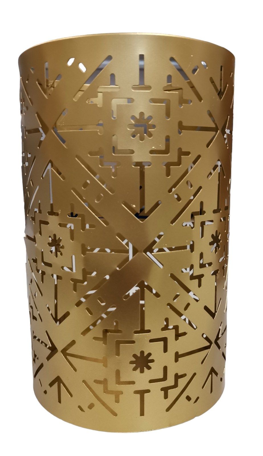 Goldener Wilma Teelichthalter von House Doctor mit filigranem Muster aus Pfeilen und Sternen, stimmungsvolle Tischdeko.