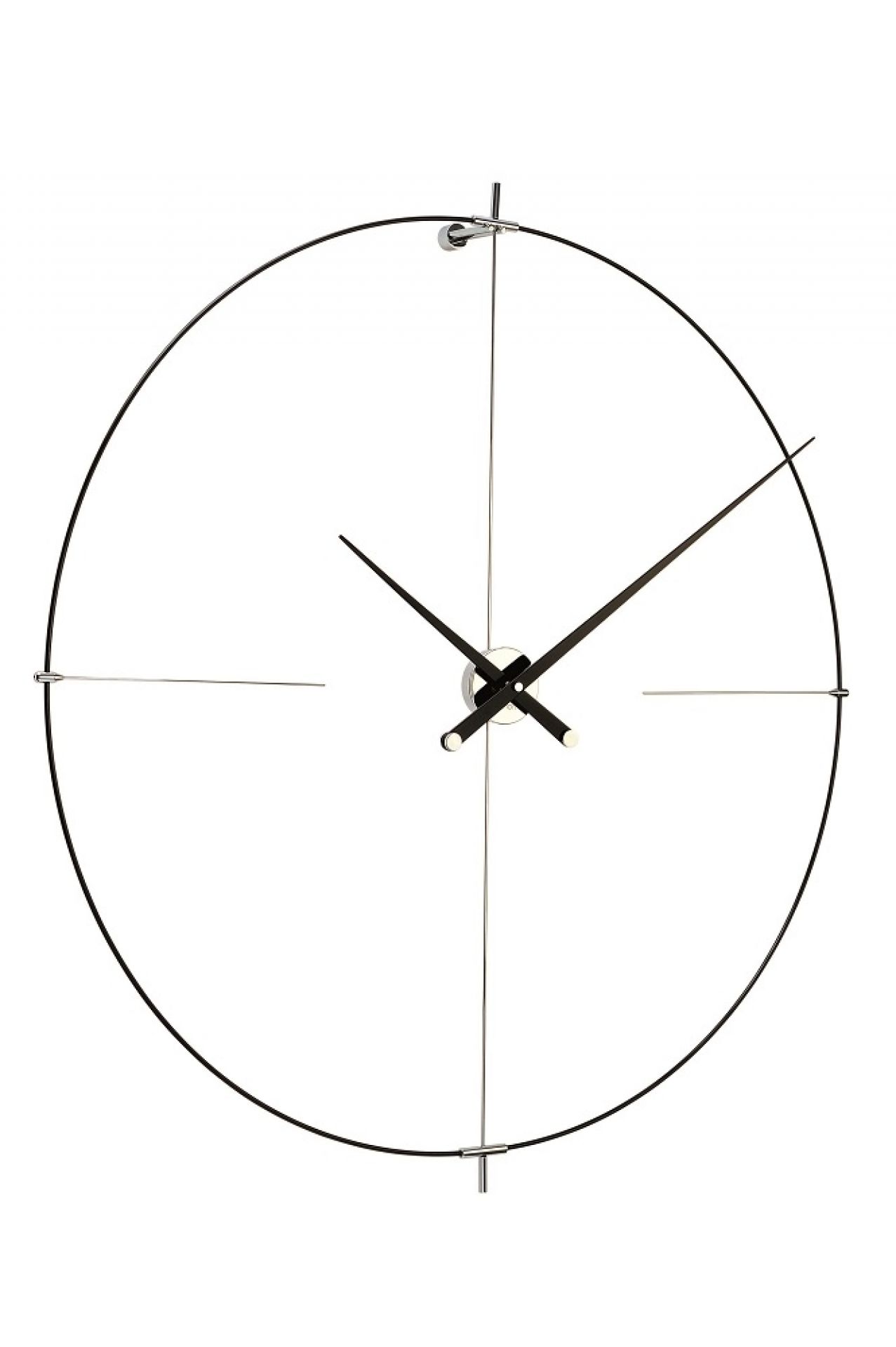 Schwarze Nomon Bilbao Wanduhr mit minimalistischem Design und silbernen Akzenten. Moderne Wanddekoration für Wohnzimmer.