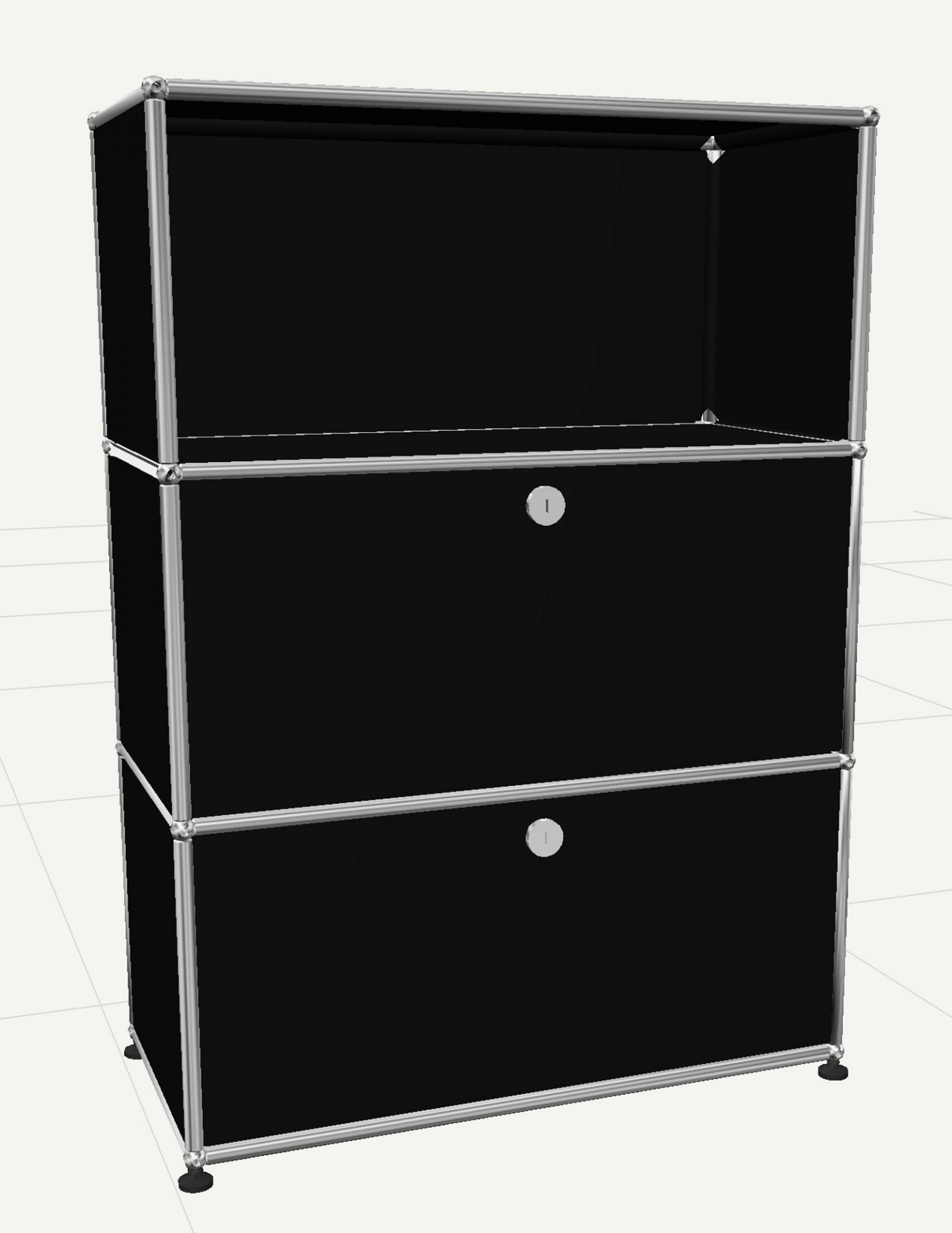 USM Haller Highboard in Graphitschwarz mit zwei Klappen und einem offenen Fach. Designklassiker für modernes Wohnen.