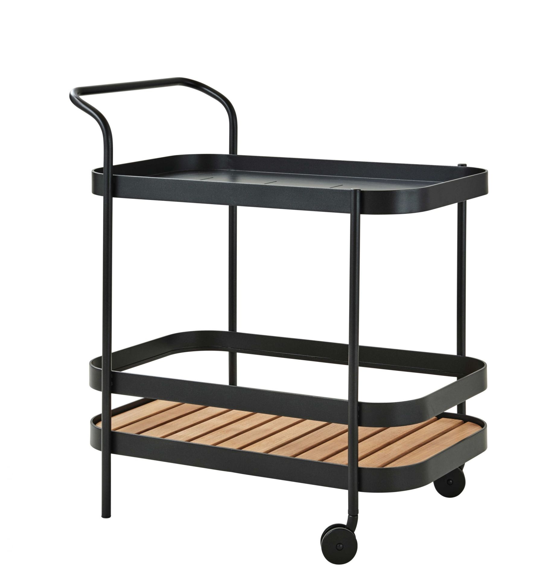 Roll Barwagen Lavagrau von Cane-Line mit zwei Ebenen und Holzdetails. Mobiler Servierwagen für Garten und Terrasse.