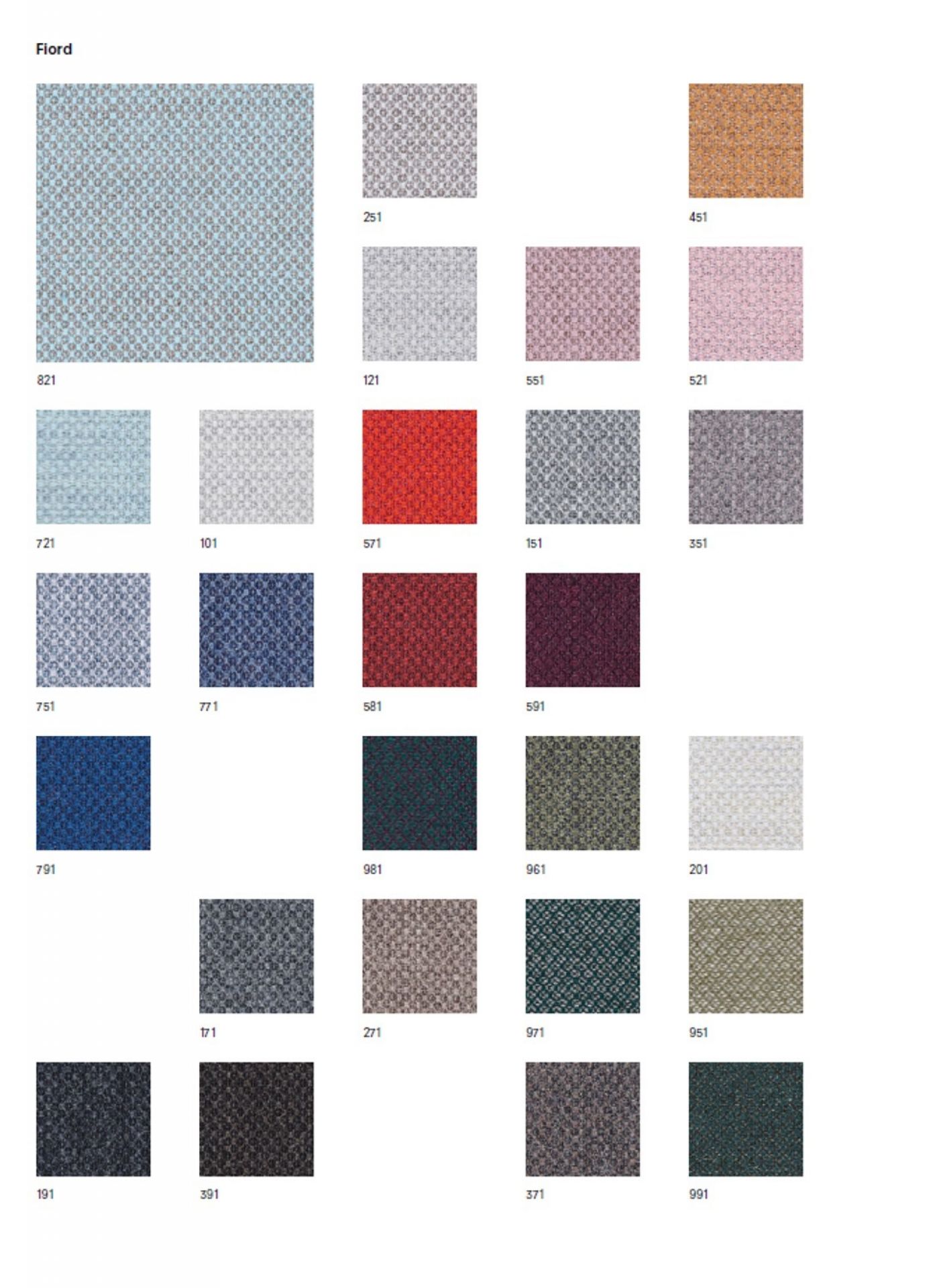 Stoffmusterkarte Fiord von Kvadrat mit vielen verschiedenen Farben und Texturen für Möbelstoffe.