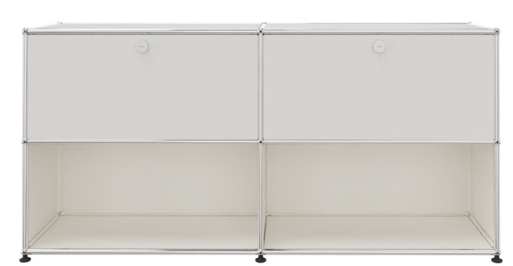 USM Haller Sideboard in Reinweiß mit zwei Schubladen und offenen Fächern, modernes Möbeldesign.