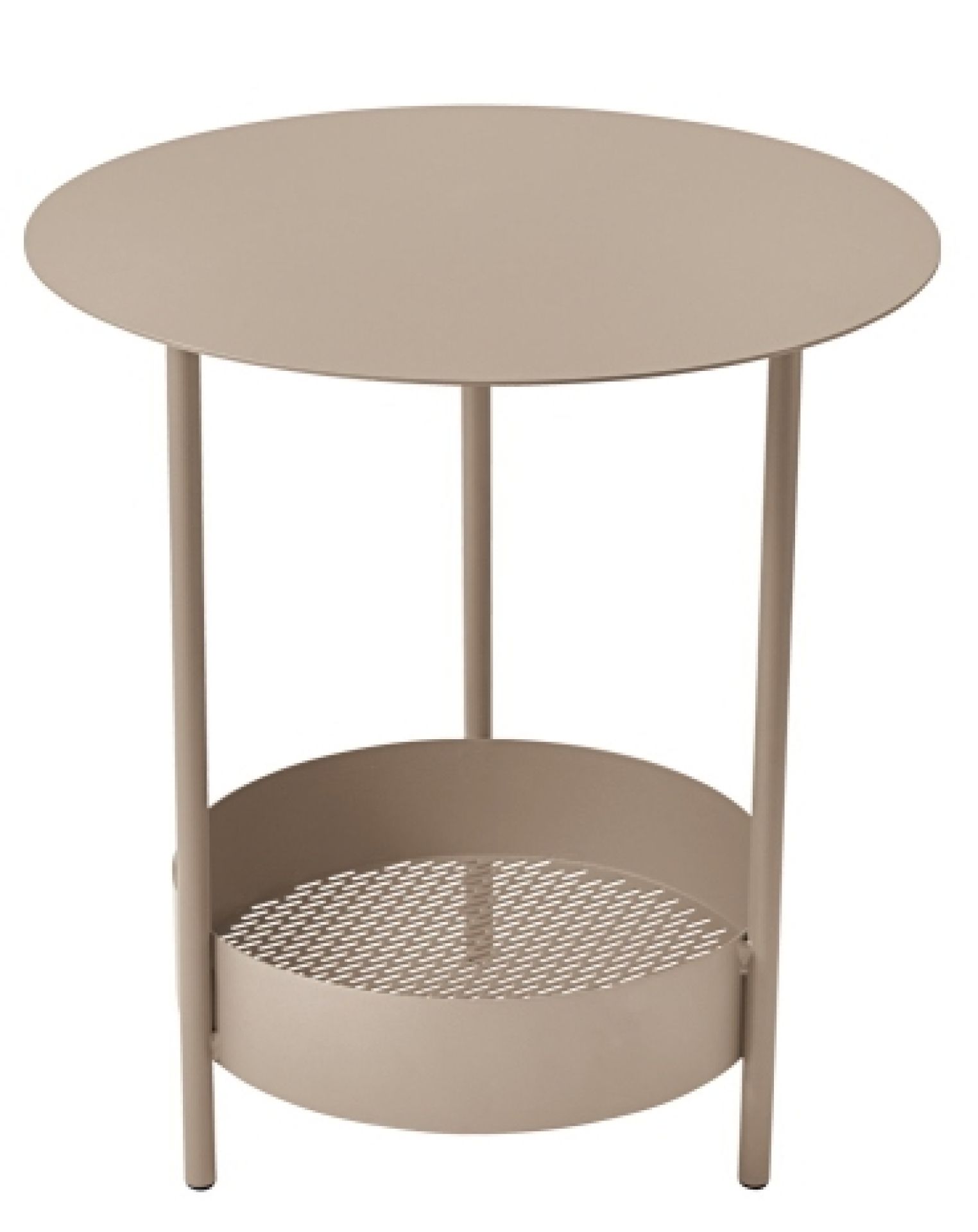 Salsa Beistelltisch von Fermob für den Außenbereich, rund, beige, mit Ablagefläche.