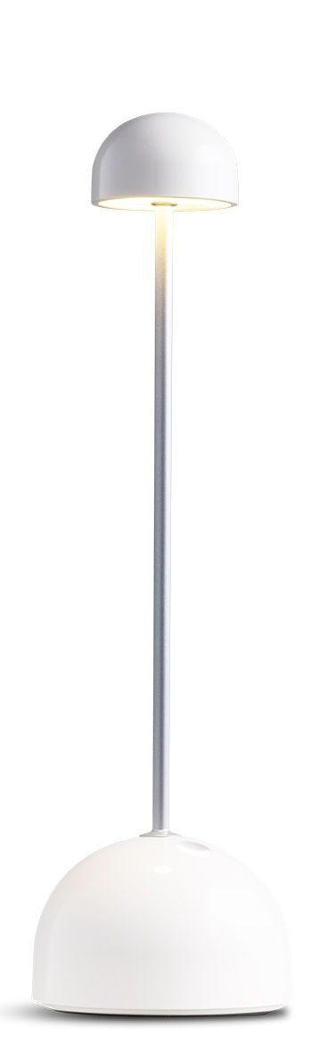 Sips Akkuleuchte von Marset, weiße Tischleuchte mit silbernem Stab, modernes Design für Innenräume.
