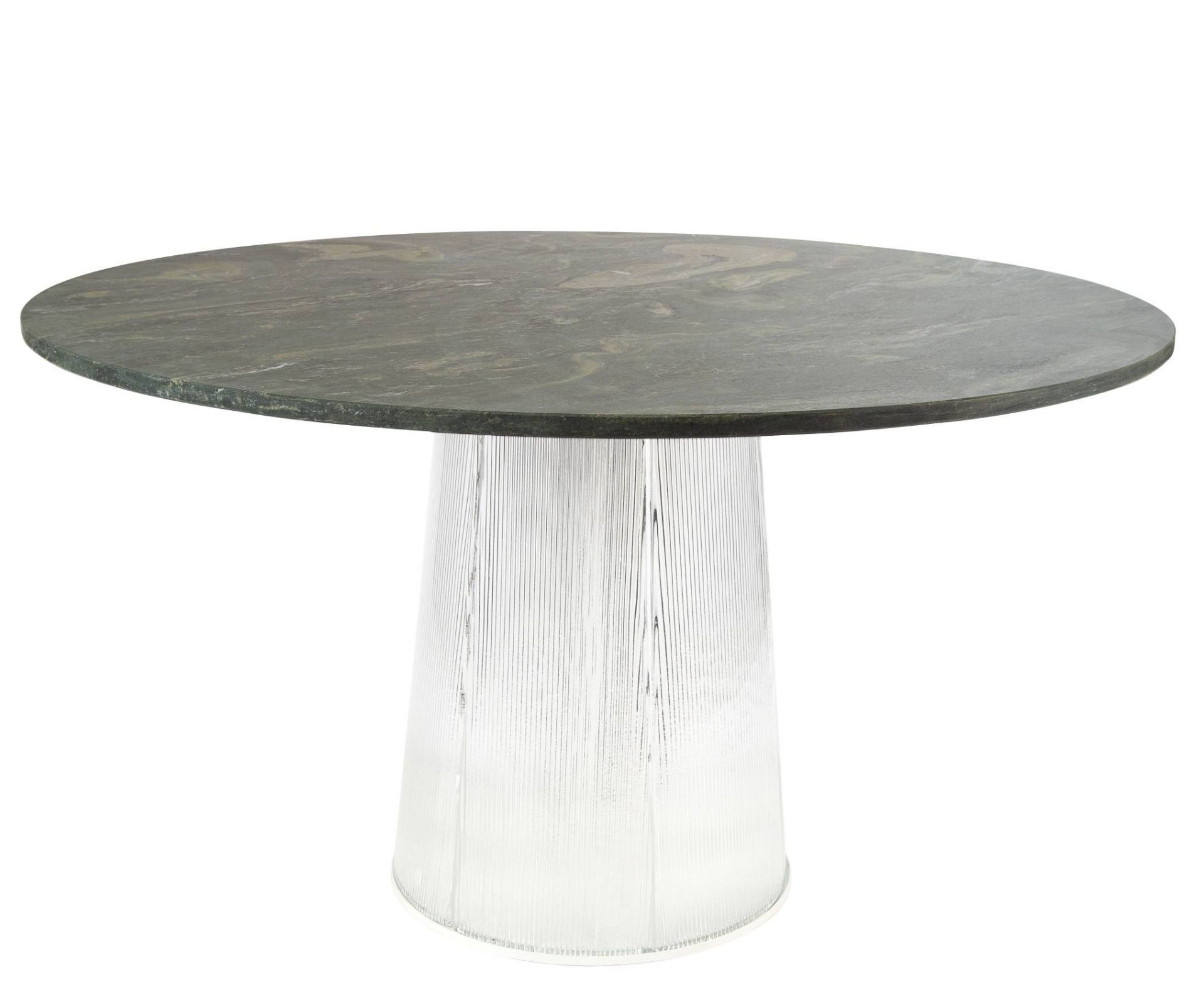 Hellgrüner Bent Dining Table Esstisch mit runder Tischplatte und geriffeltem, transparentem Fuß.