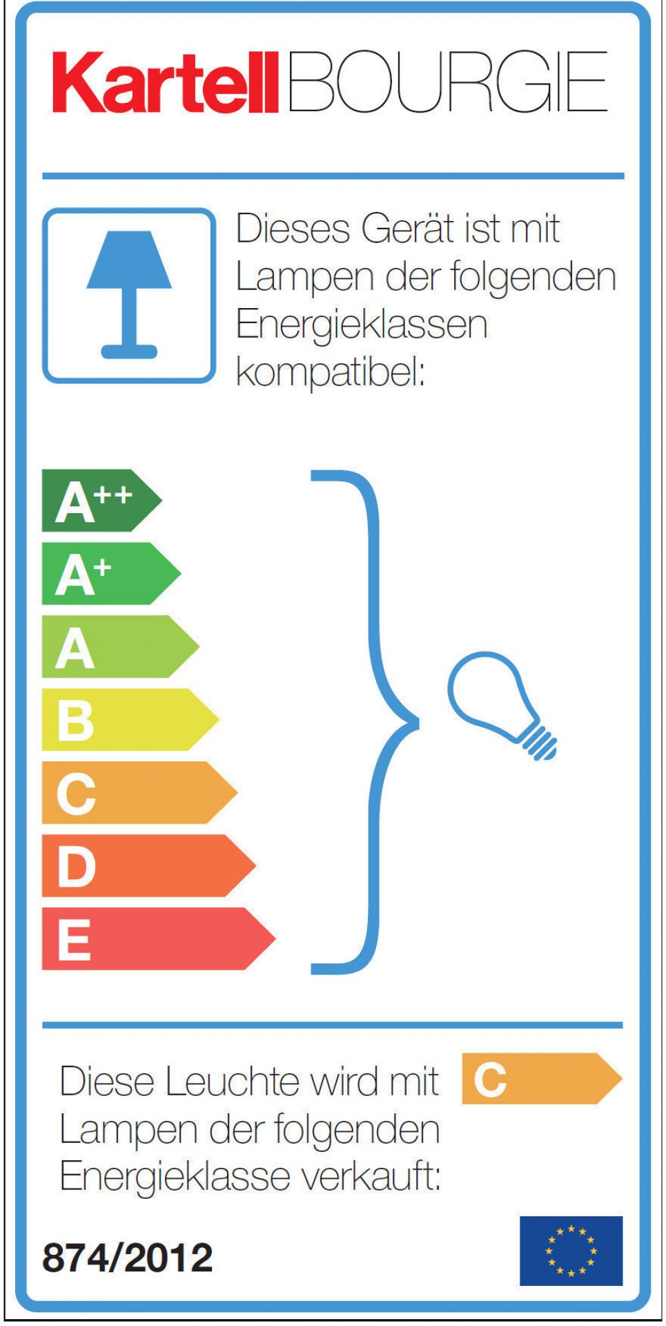 Energieeffizienzlabel für Kartell Bourgie Tischleuchte, kompatible Lampen A++ bis E, Verkauf mit C.