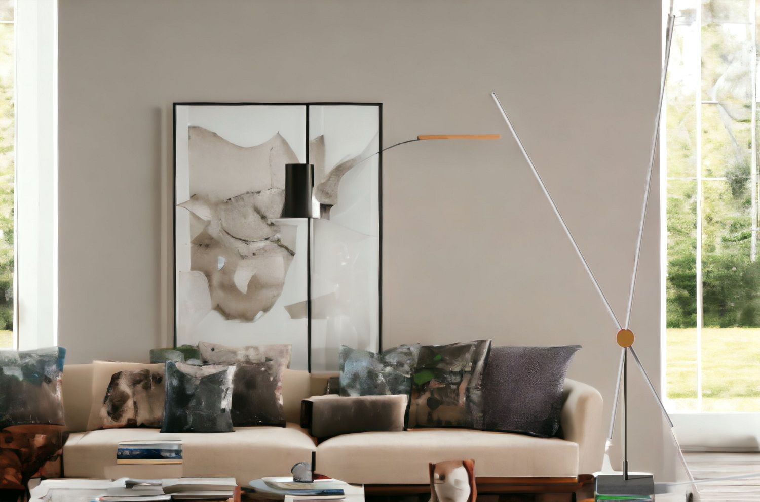 Moderne Eitie 075 Stehleuchte von Cassina im Wohnzimmer, minimalistisches Design mit indirektem Licht.