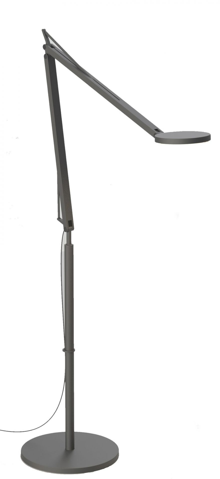 Graue John Stehleuchte mit verstellbarem Arm und runder Basis für Wohnzimmer und Büro.