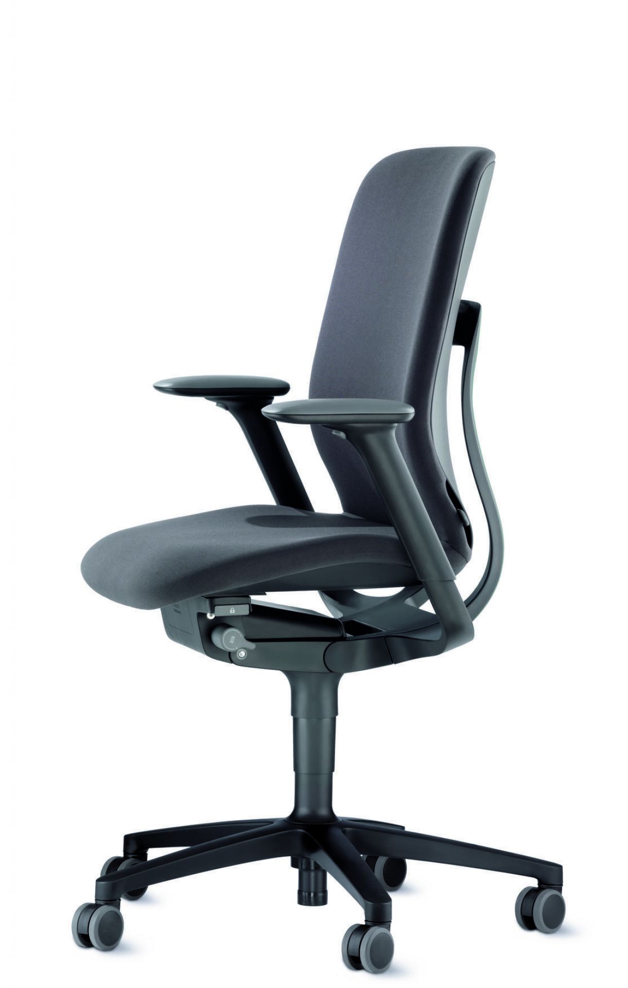 Grauer Wilkhahn AT Drehstuhl mit Armlehnen und Rollen, ergonomischer Bürostuhl für gesundes Sitzen.