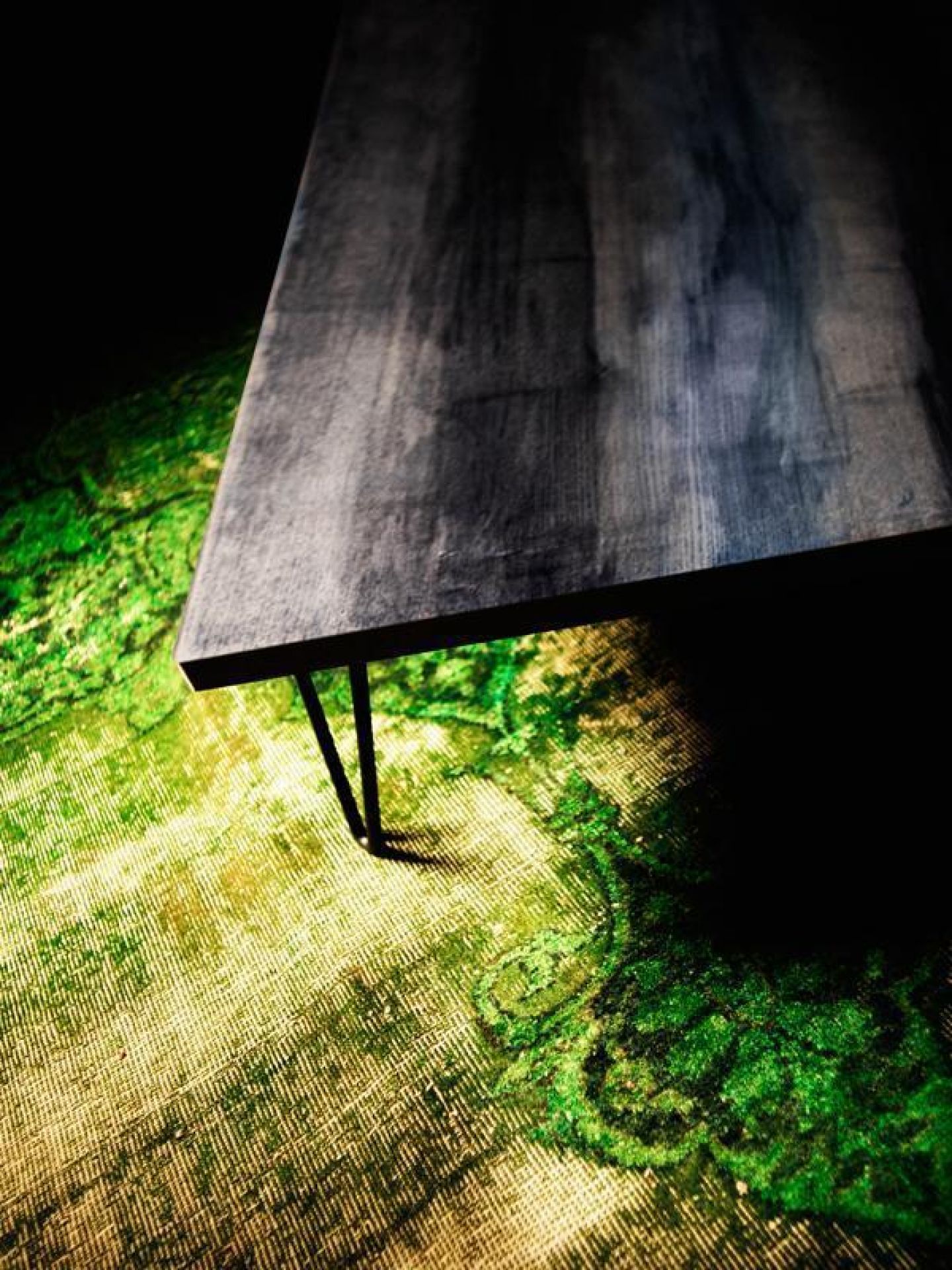 Overdyed Table Tisch von Moroso Diesel, dunkle Holzplatte mit Metallbeinen auf grünem Teppich.