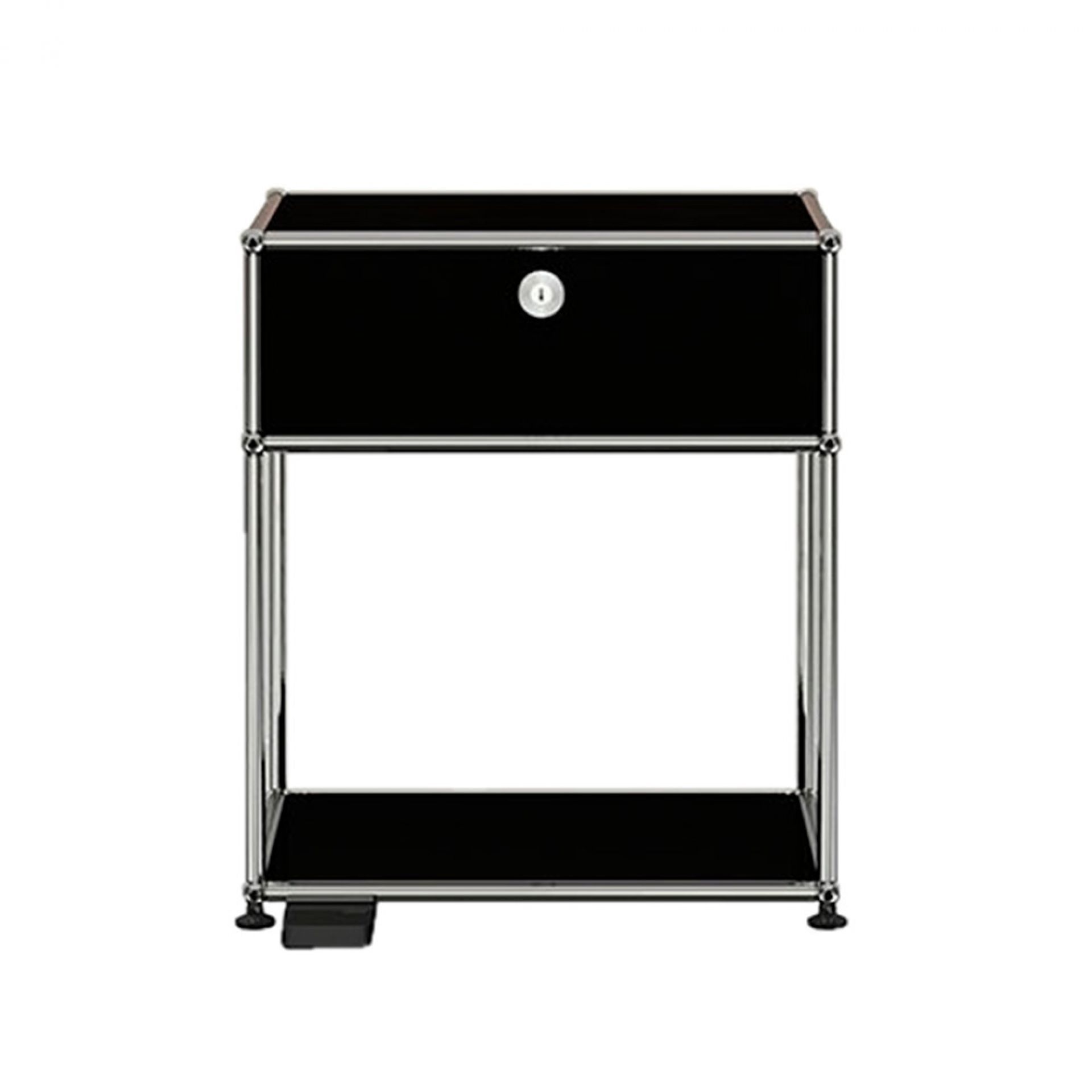Schwarzer USM Haller Nachttisch mit Schublade, Chromgestell und dimmbarer Lampe für das Schlafzimmer.