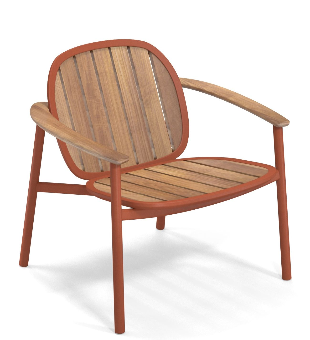 Twins Lounge Chair Armlehnen Stuhl Outdoor Emu mit Holzlatten und rotem Gestell.