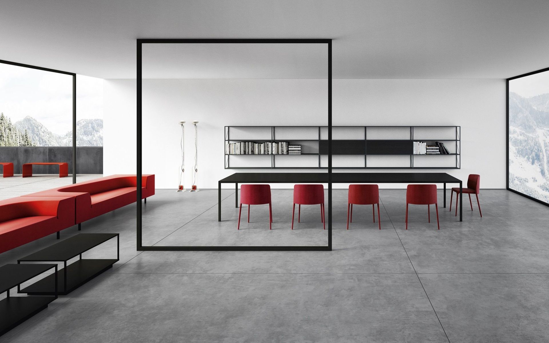 Minimalistischer Essbereich mit schwarzem Tense Dining Table Esstisch von MDF Italia und roten Stühlen in modernem Ambiente.