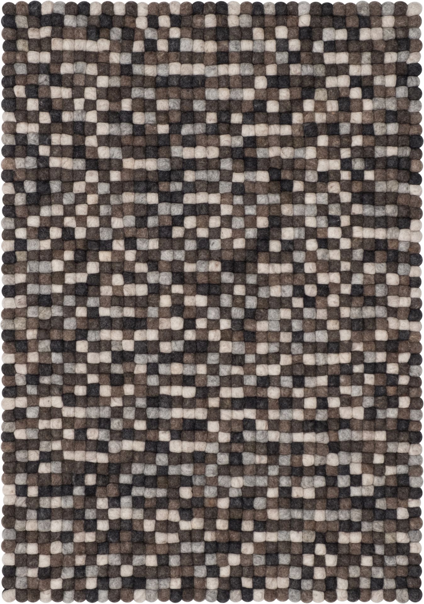 Myfelt Nela Filzkugel Teppich 120x170 cm in Grau- und Naturtönen, handgefertigt aus Schurwolle.