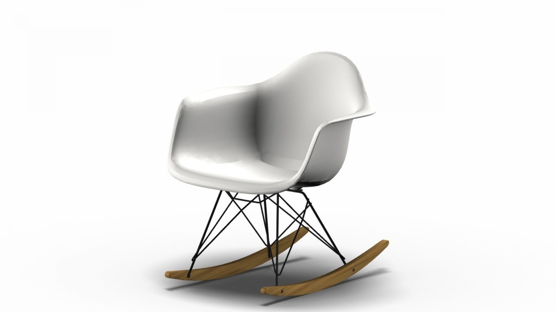 Weißer Eames Schaukelstuhl RAR mit Ahorn-Kufen und schwarzem Gestell von Vitra. Designklassiker für Wohnzimmer.