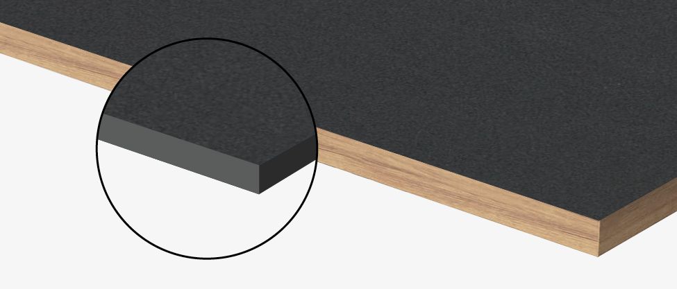 Detailansicht der Eiermann Tischplatte mit Linoleum-Oberfläche und Holzkante, ideal für Büromöbel.