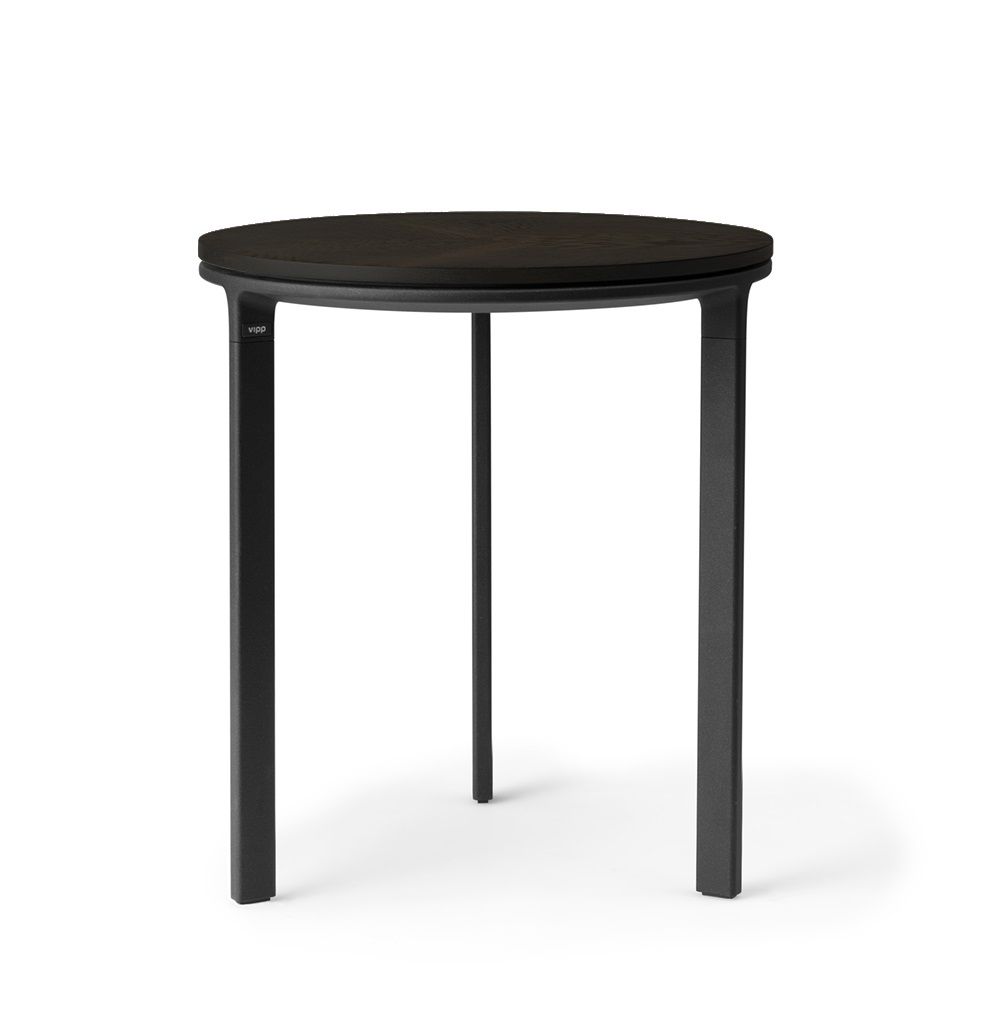 Schwarzer, runder Vipp Beistelltisch mit drei Beinen, Durchmesser 40 cm, für Wohnzimmer oder Schlafzimmer.