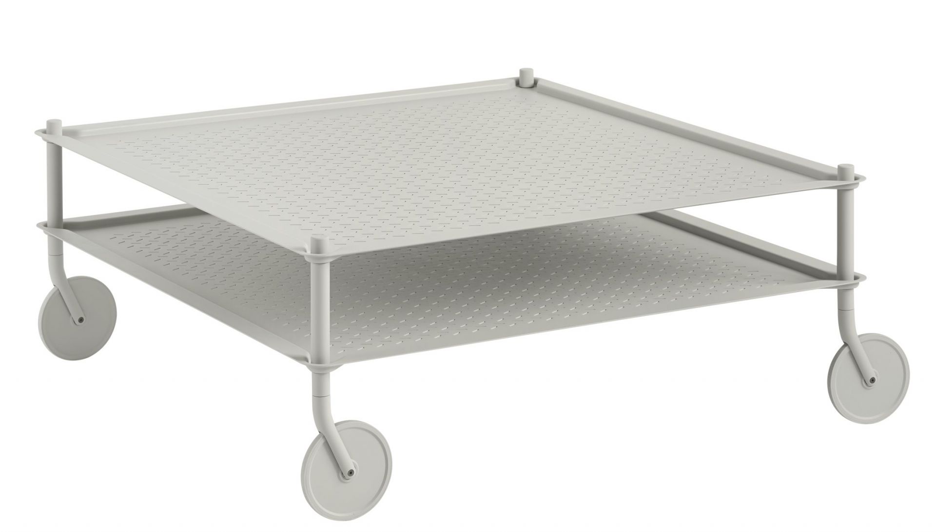 Muuto Flow Coffee Table: Quadratischer Couchtisch auf Rollen, hellgrau, für Indoor und Outdoor.