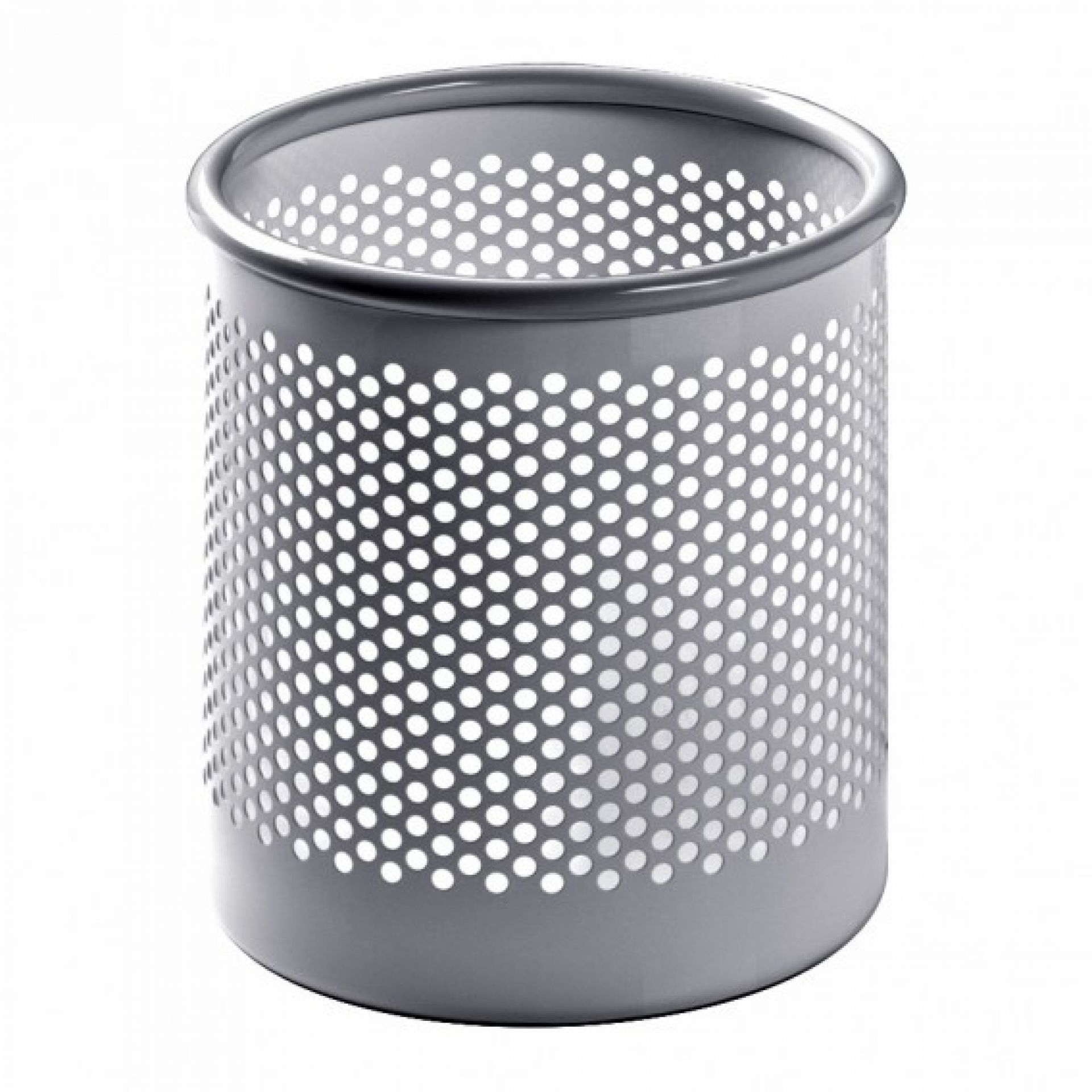 Grauer Cribbio Papierkorb von Rexite mit runder Form und Lochmuster für Büro und Zuhause.