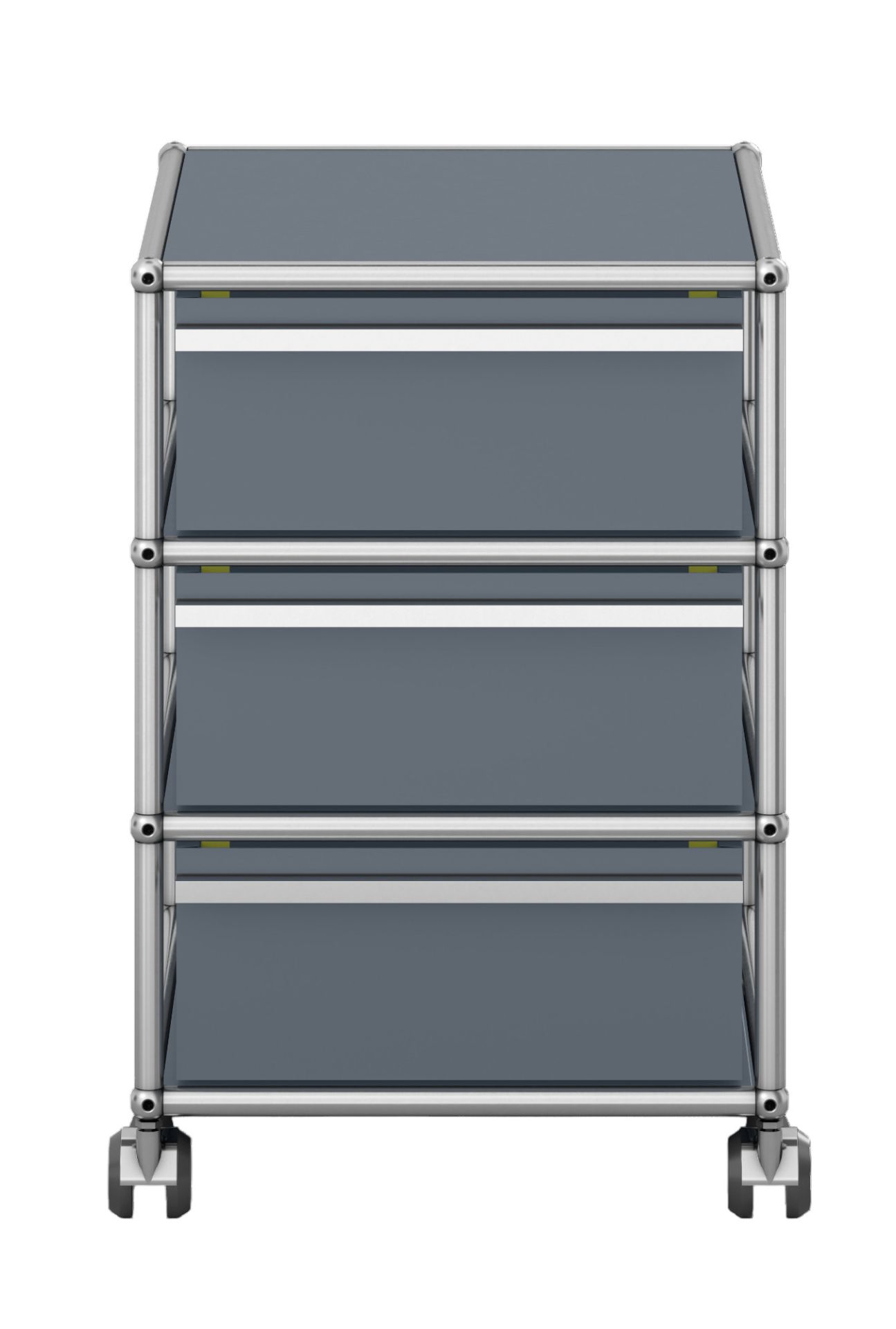 USM Haller Rollcontainer in Mittelgrau mit drei Schubladen und verchromtem Gestell.