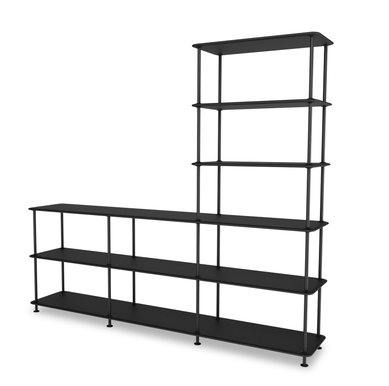Schwarzes Montana Free Regal mit mehreren Ebenen und asymmetrischem Design für moderne Wohnräume.