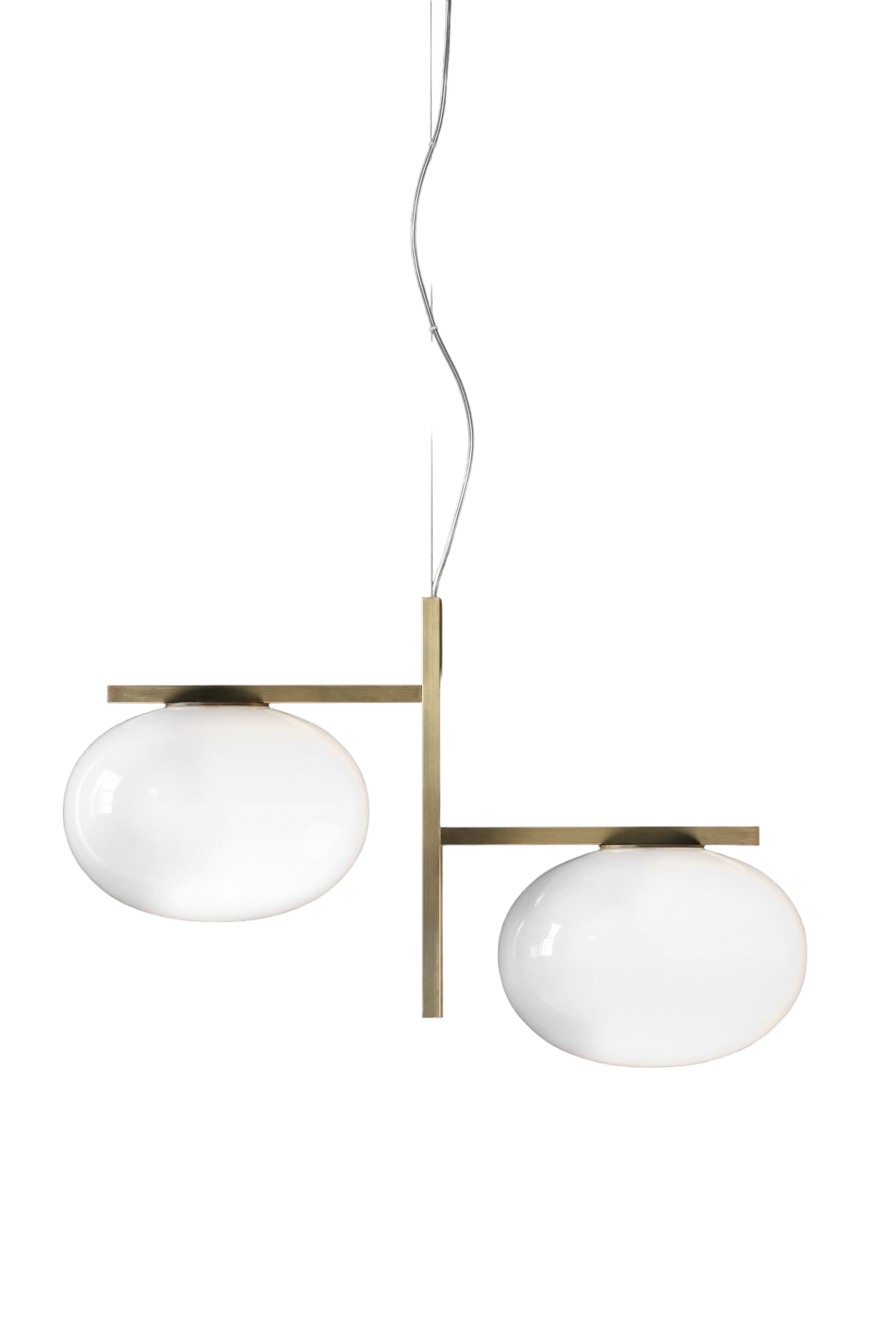 Alba Pendelleuchte von Oluce mit zwei weißen Kugeln und Messinggestell. Moderne Hängelampe.