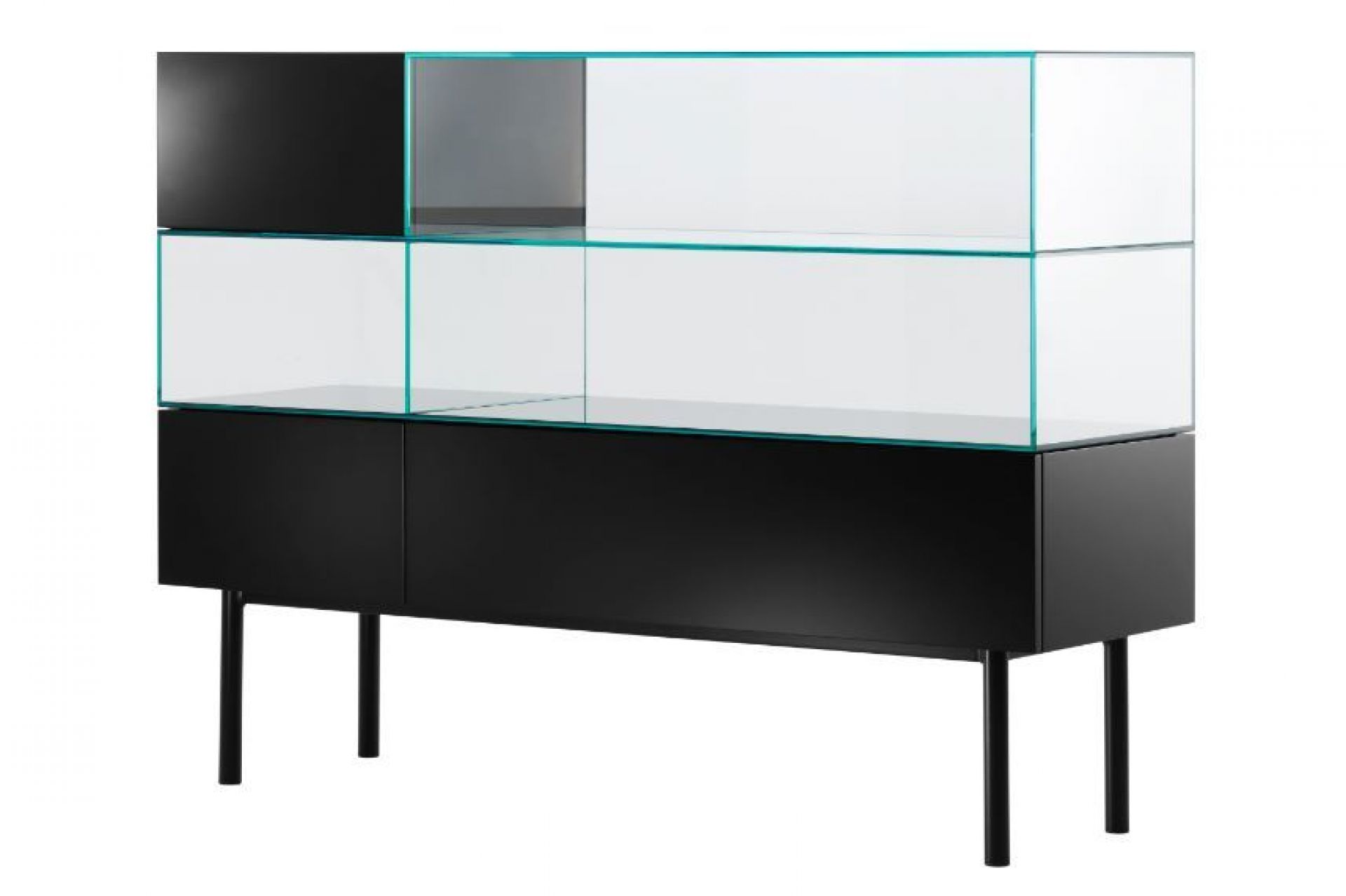 Tecta Vitrine S4 mit Glasfronten und schwarzen Elementen, modernes Design für Wohnzimmer oder Büro.