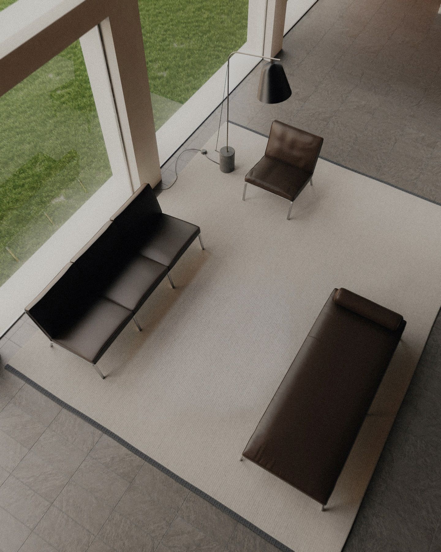 Ansicht von oben: NORR11 Man Daybed Liege aus braunem Leder, Sessel und Sofa.