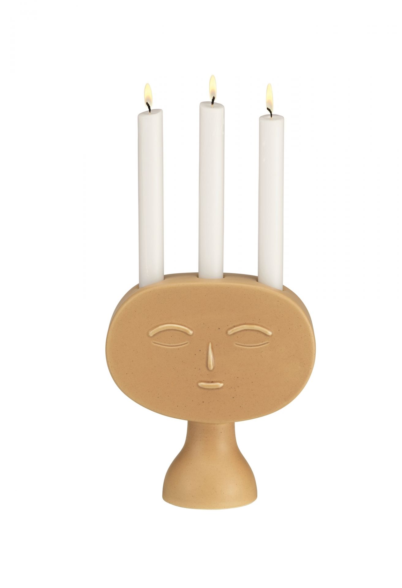 Lucia Candleholder: Kerzenständer mit Gesicht und drei brennenden, weißen Kerzen. Dekoratives Einzelstück.