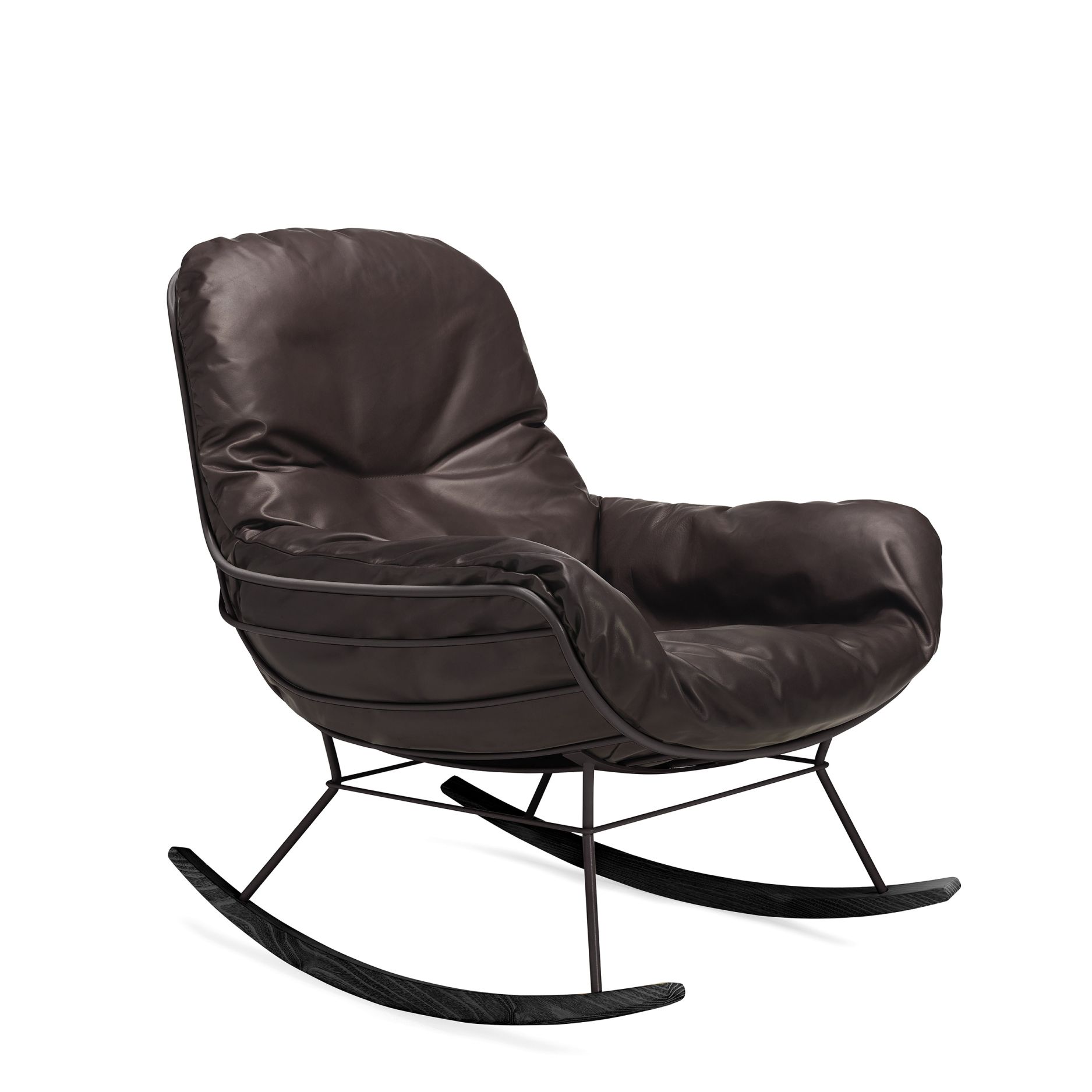 Leyasol Schaukelstuhl von Freifrau Manufaktur: Brauner Ledersessel mit schwarzem Metallgestell und Holzschaukeln. Lounge Möbel.